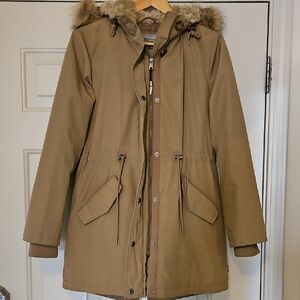 Women's Tan Utility Jacket with Faux Fur Hood